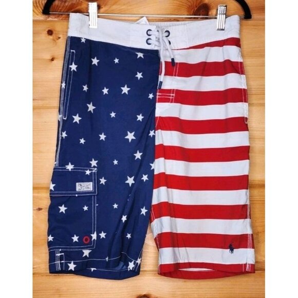 Polo Ralph Lauren Kids Patriotic Flag Swim Trunk Shorts Red White Blue L 14/16 - Picture 1 of 16